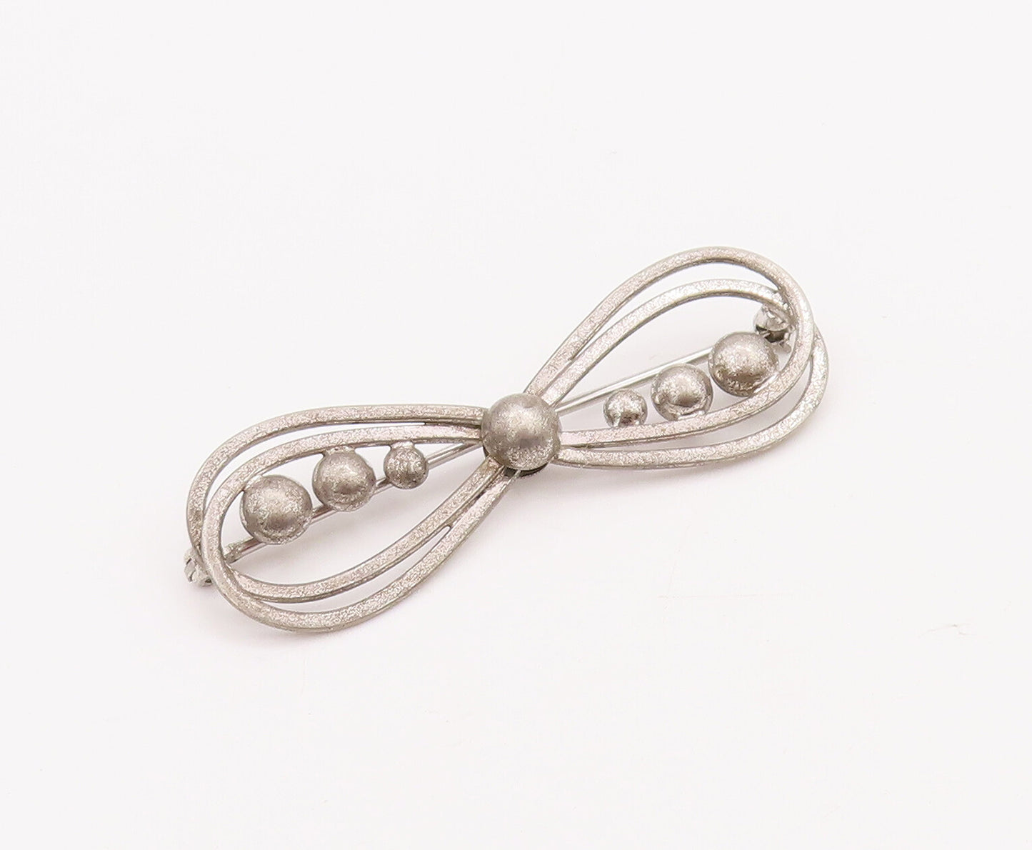 925 Sterling Silver Vintage Brooch Pin Double Ribbon Cutout Beaded Bow  BP11114
