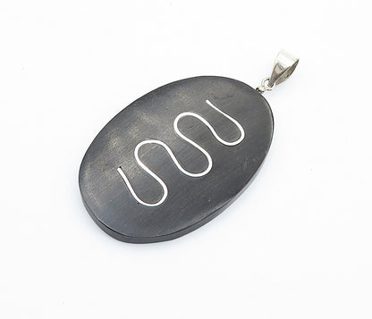 925 Sterling Silver  Shiny Squiggle Swirl Detail Oval Wooden Pendant  PT6092