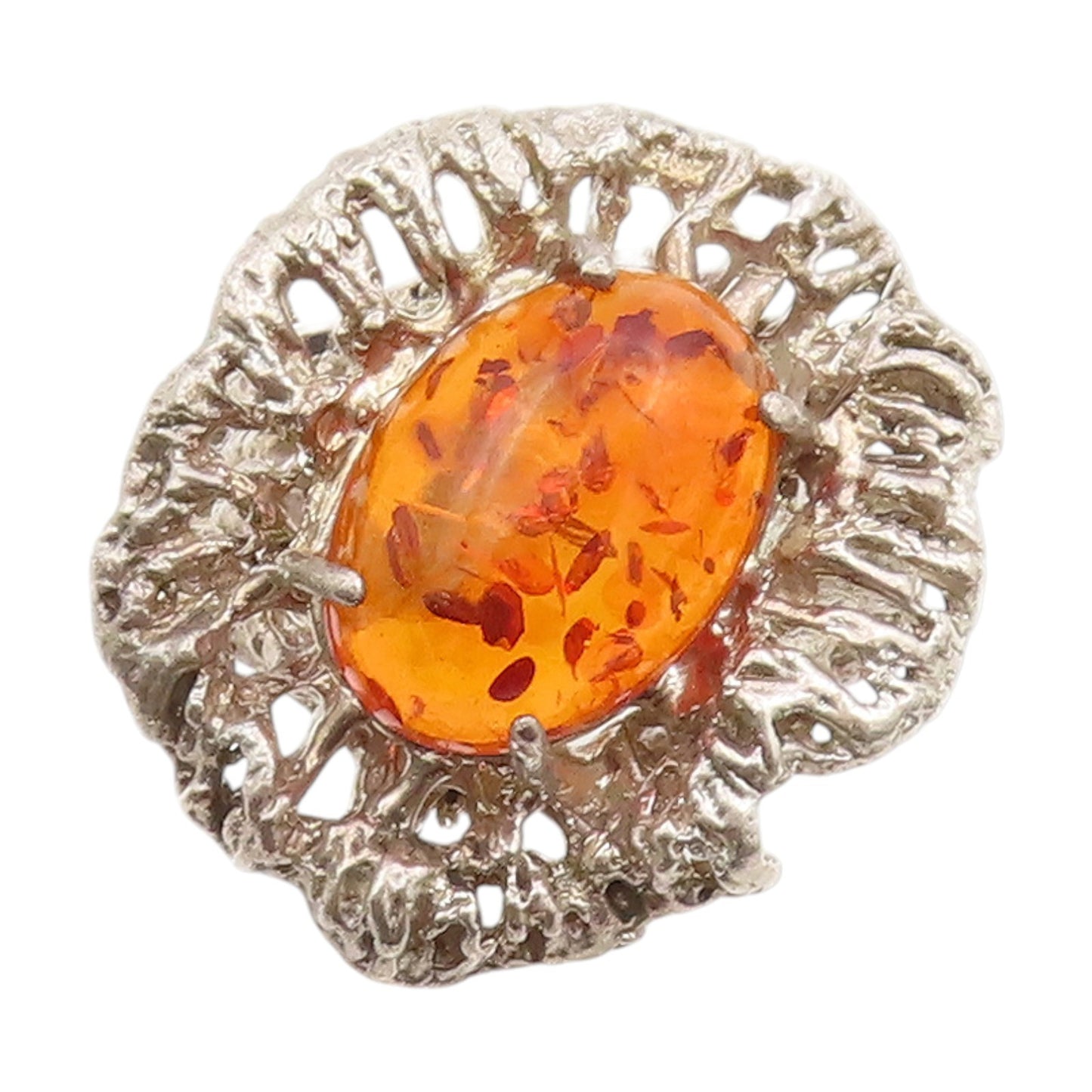 925 Sterling Silver Vintage Ring Oval Honey Amber Brutalist Band Sz 7.5 RG33932