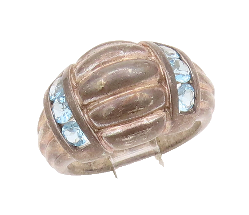 925 Sterling Silver Vintage Ring Domed Grooved Blue CZ Bands  Sz 6  RG28059