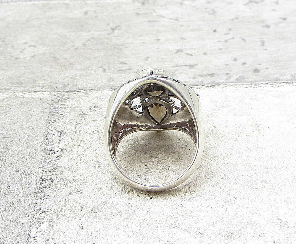 925 Sterling Silver Smoky Quartz & Marcasite Cross Cocktail Ring Sz 8.5 RG1960