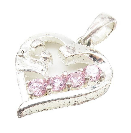 925 Sterling Silver  Petite Pink Topaz Mom & Baby Love Heart Pendant  PT8837