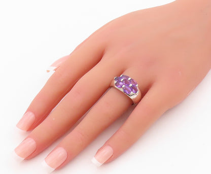 925 Sterling Silver Vintage Ring Solid Oval Amethyst Floral Inlay SZ 8 RG32092