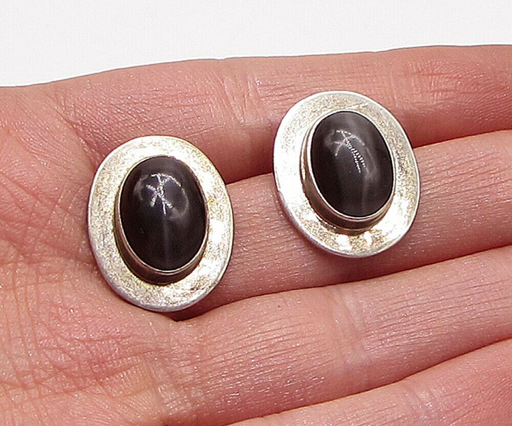 MEXICO 925 Sterling Silver  Vintage Black Onyx Oval Stud Earrings  EG1957