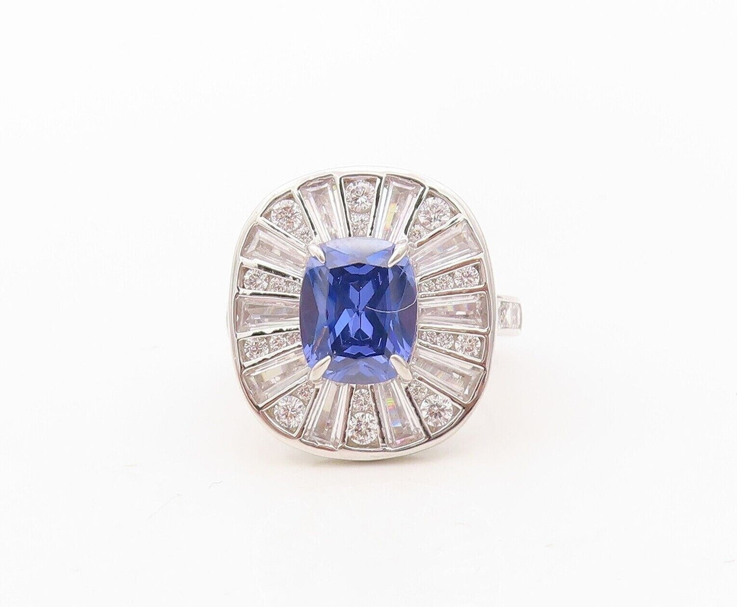 925 Sterling Silver Vintage Ring Rectangle Cut Sapphire Halo Topaz Sz 7  RG30265
