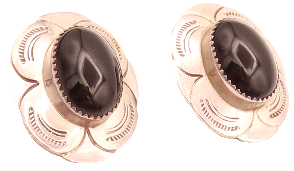 NAVAJO 925 Sterling Silver Vintage Onyx Seed Floral Earrings EG12440