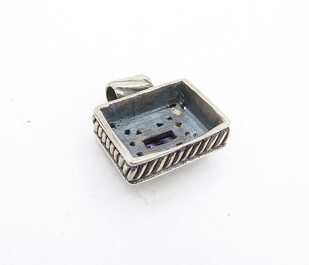 925 Sterling Silver  Vintage Amethyst Swirl Patterned Square Pendant  PT3288
