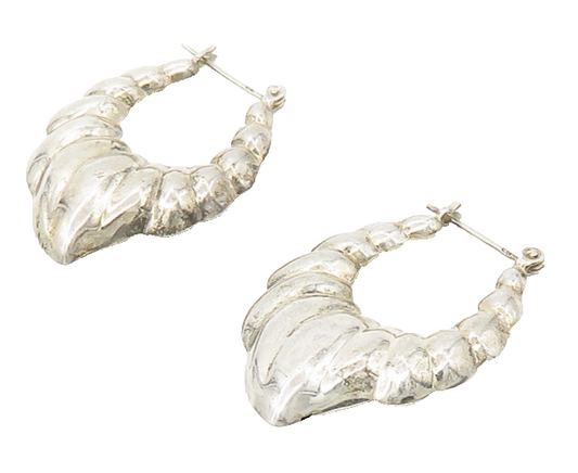 925 Sterling Silver  Vintage Shiny Hollow Fluted Pointed Hoop Earrings  EG8831