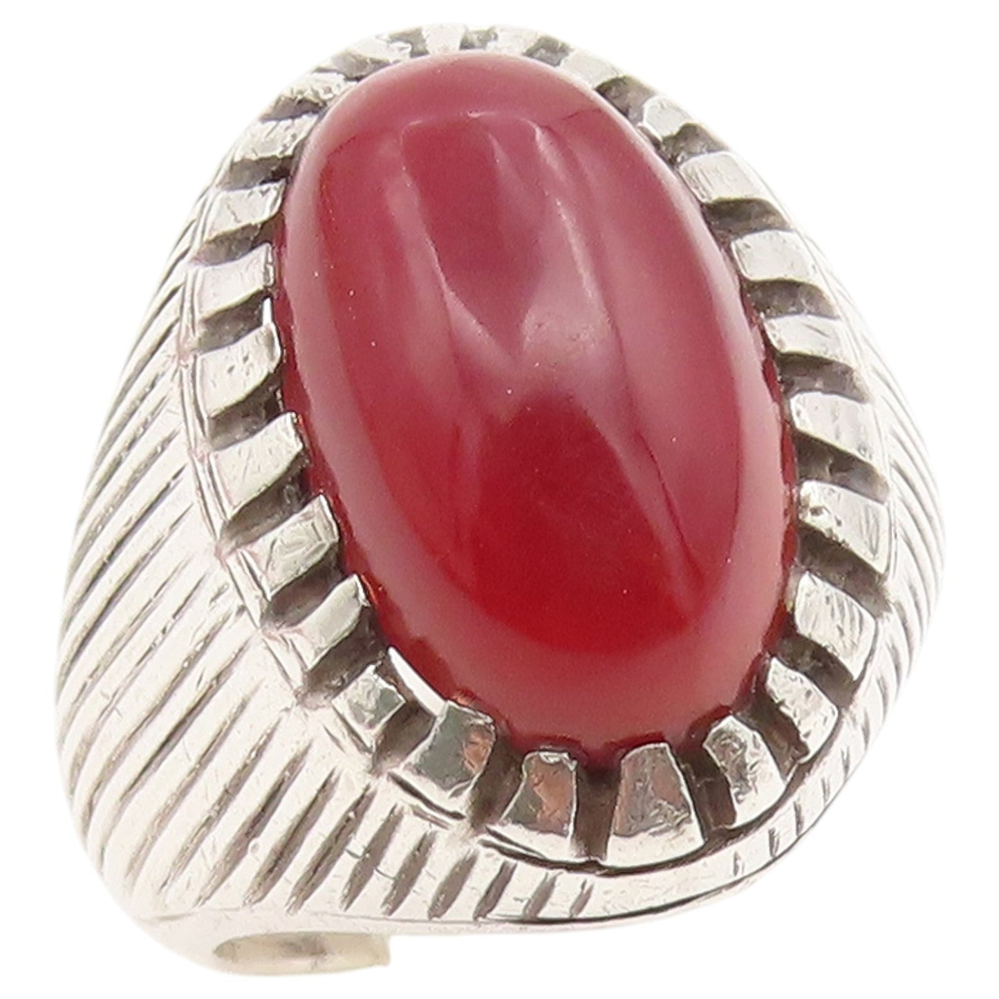 925 Sterling Silver Vintage Ring Cabochon Carnelian Grooved Band Sz 11.5 RG36707