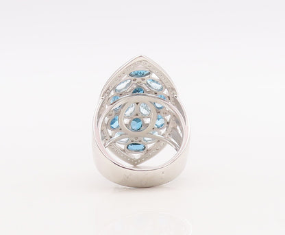 925 Sterling Silver Vintage Ring Carved Oval Cut Blue Topaz Inlay  Sz 7  RG29847