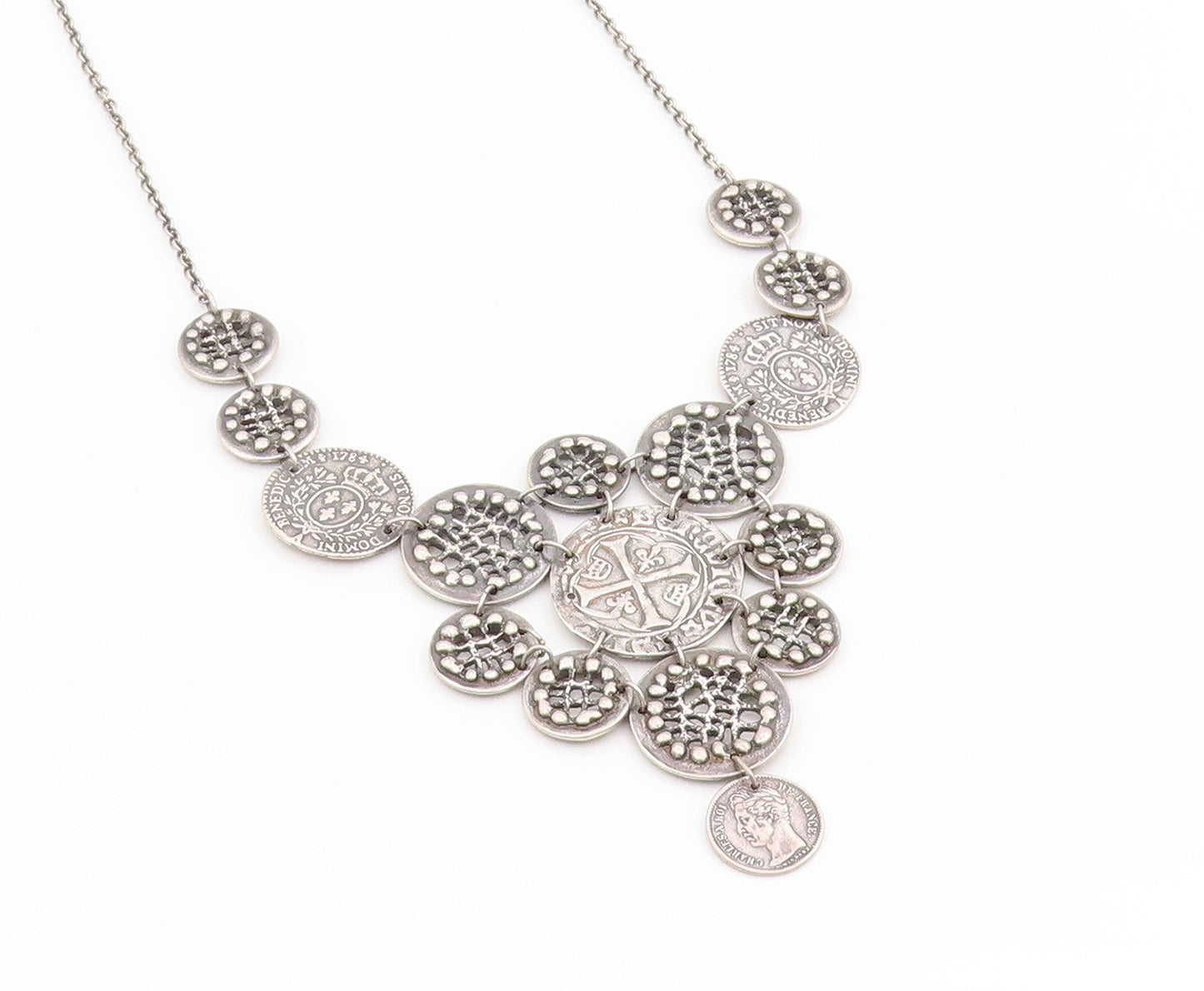 925 Sterling Silver Vintage Necklace Antique Treasure Coin Openwork Disc  NE4719