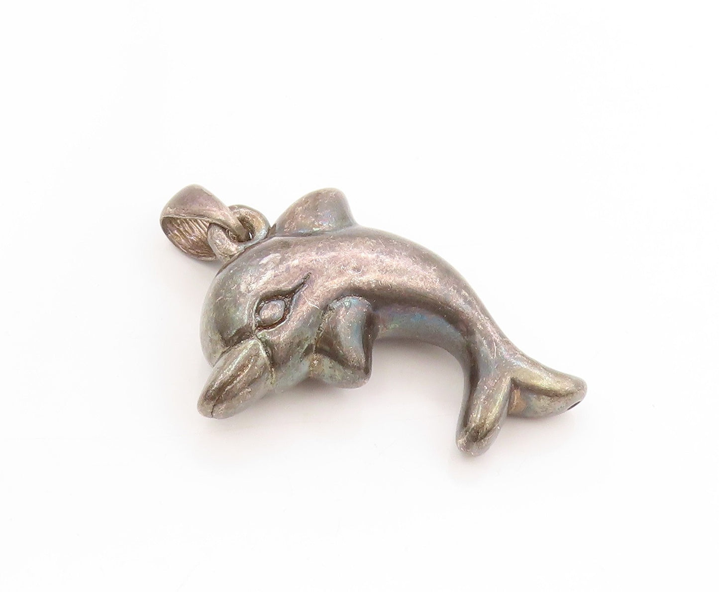 925 Sterling Silver Vintage Pendant Dark Tone Leaping Baby Dolphin Charm PT25029