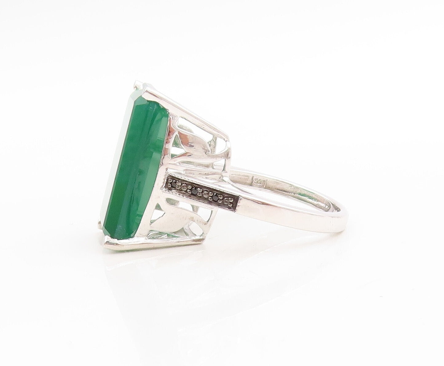 925 Sterling Silver Vintage Ring Black Diamonds & Green Onyx  Sz 8  RG30701