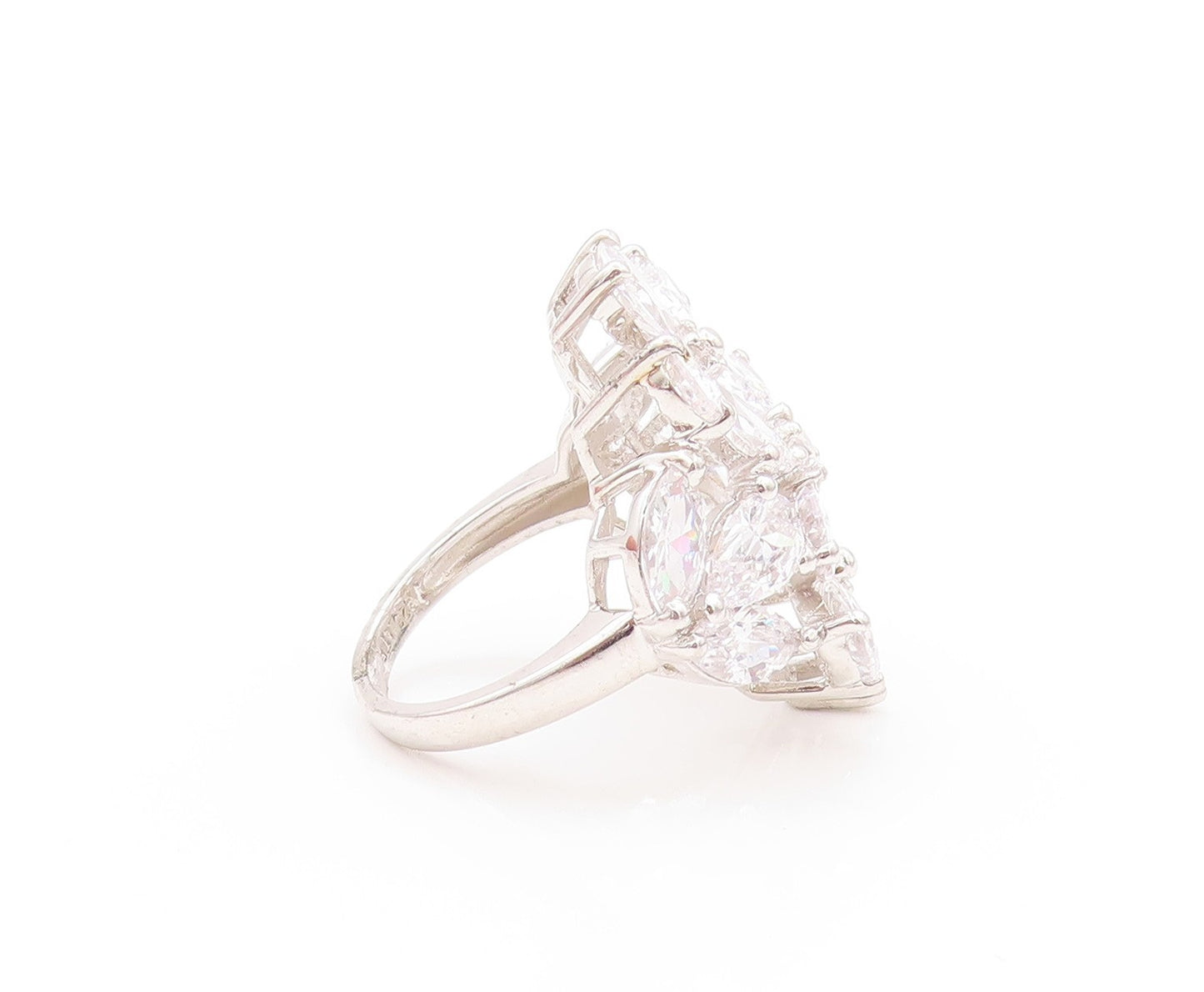 925 Sterling Silver Vintage Ring Drop & Marquise Cut CZ Flowers  Sz 7.5  RG32990