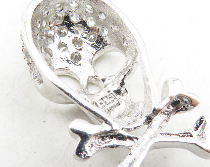925 Sterling Silver  Petite Shiny Topaz Skull & Cross Bones Pendant  PT7841