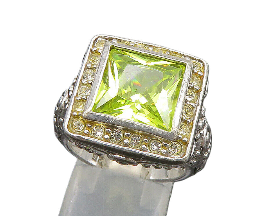 925 Silver  Vintage Green Cubic Zirconia Beaded Square Ring Sz 7  RG24386