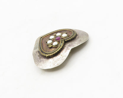 DESIGNER 925 Silver  Vintage Petite Pearls & Garnet Heart Brooch Pin  BP7199