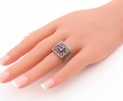 925 Sterling Silver Vintage Ring Amethyst Etched Swirly Cut Out  Sz 6  RG33578