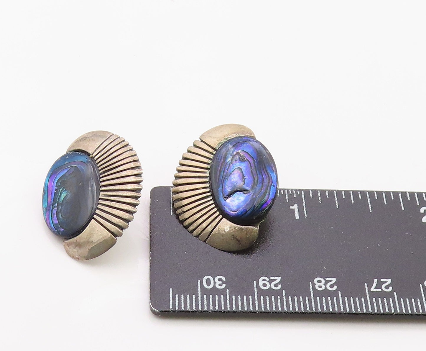 925 Sterling Silver Vintage Earrings ANGELINE MILLER NAVAJO Abalone Fan  EG14373