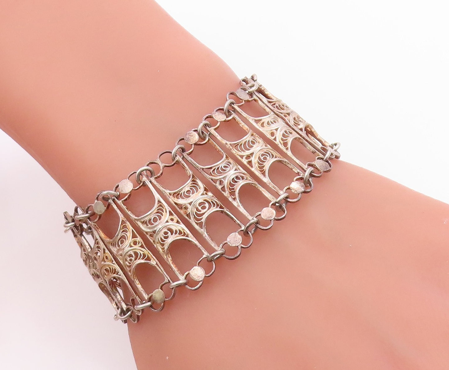 925 Sterling Silver Vintage Bracelet Intricate Filigree Wide Panel Link  BT12040