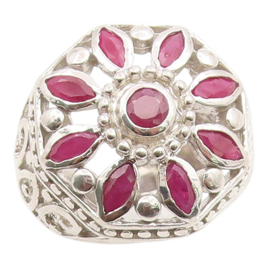 925 Sterling Silver Vintage Ring Ruby Openwork Floral Band  Sz 7.5  RG36168