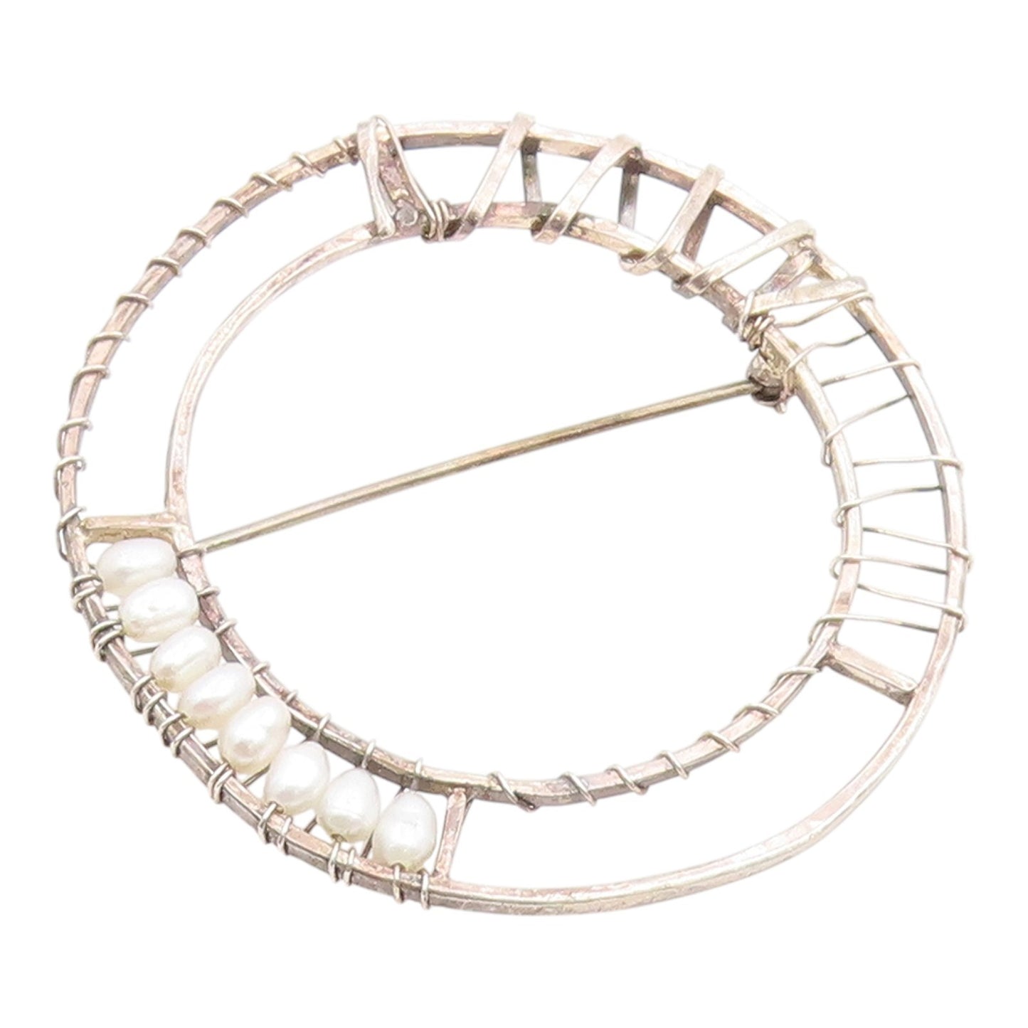 925 Sterling Silver Vintage Brooch Pin Modern Wire Wrapped Pearl Circle  BP12594
