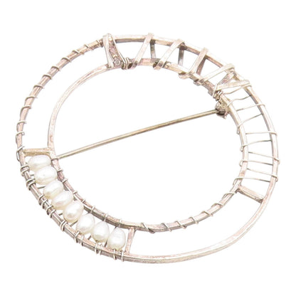 925 Sterling Silver Vintage Brooch Pin Modern Wire Wrapped Pearl Circle  BP12594