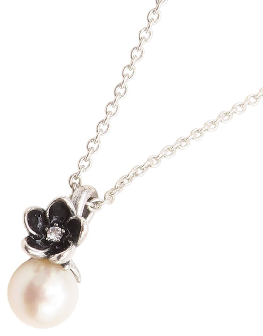 925 Sterling Silver Vintage Necklace PANDORA Pearl & Dark Tone Flower  NE4493