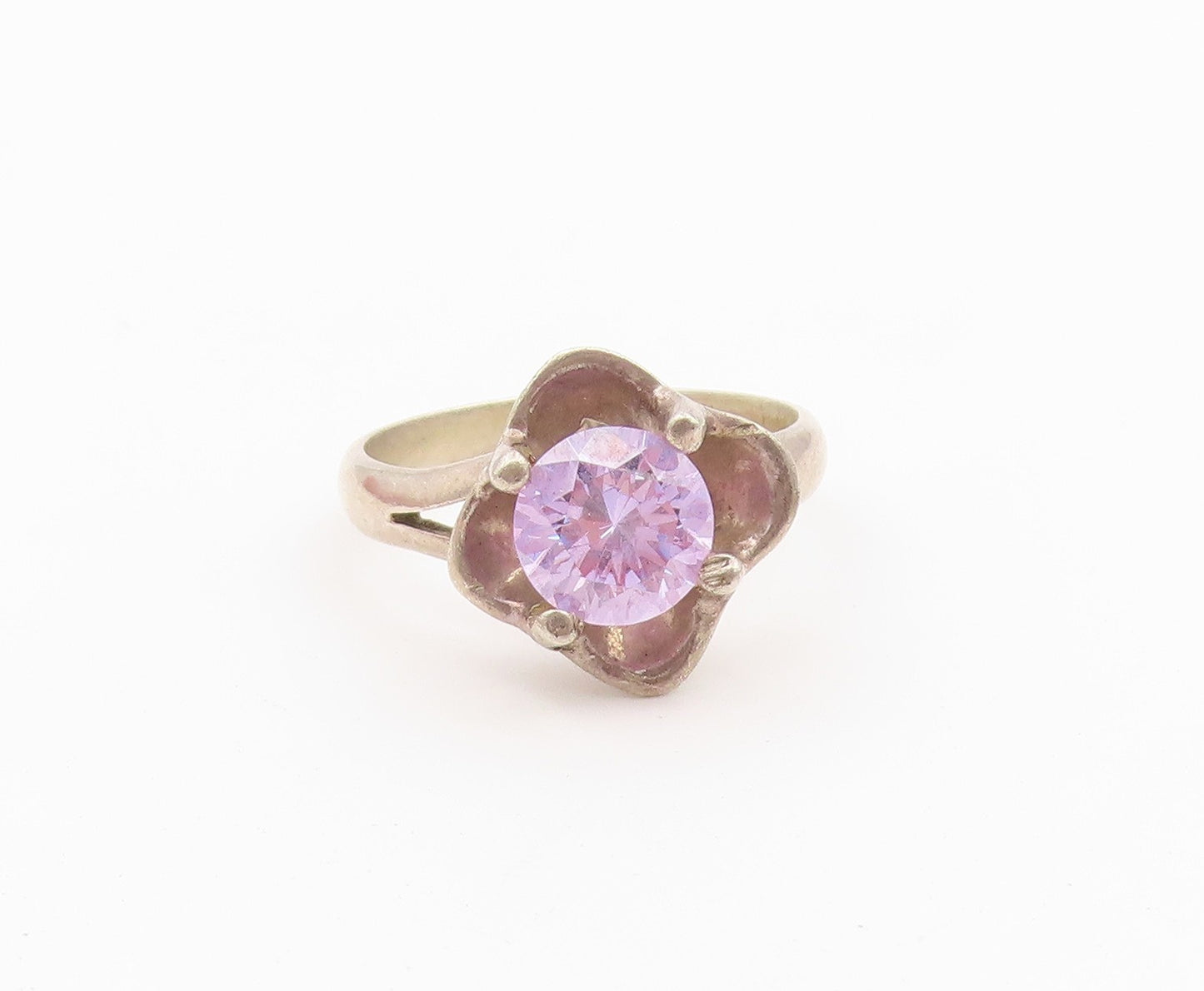 925 Sterling Silver Vintage Ring Round Cut CZ Floral Petal Band  Sz 7  RG36610