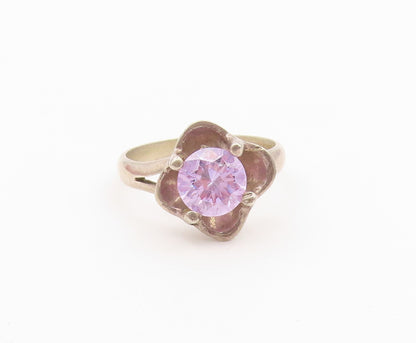 925 Sterling Silver Vintage Ring Round Cut CZ Floral Petal Band  Sz 7  RG36610