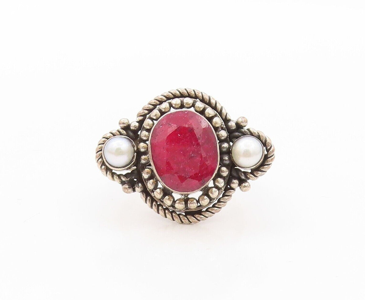 925 Sterling Silver Vintage Ring Twisted Rope Carved Ruby & Pearl Sz 7.5 RG30211