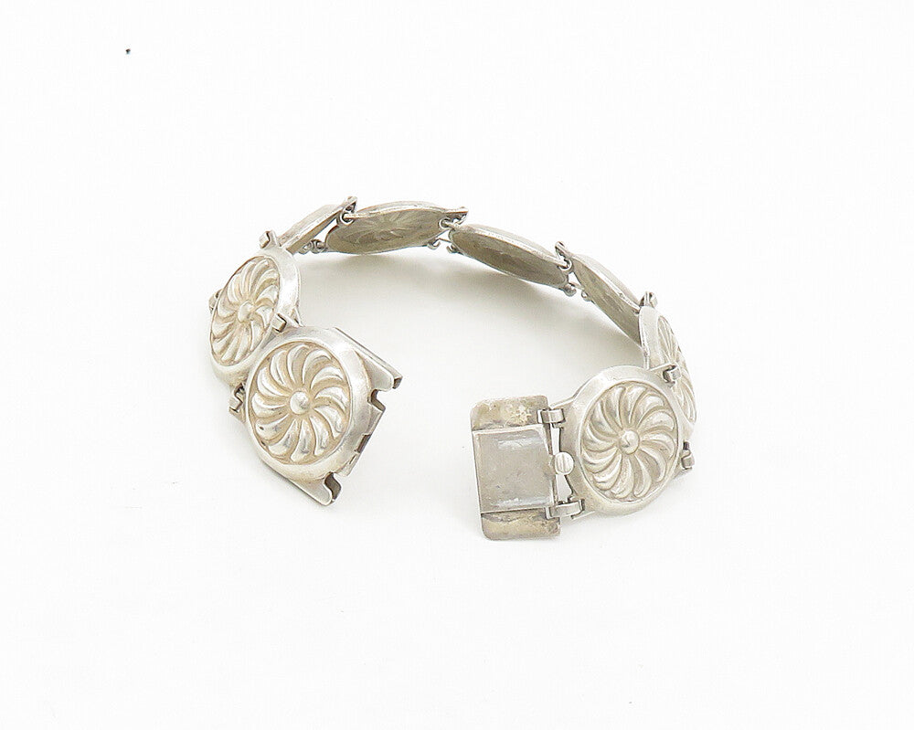 925 Sterling Silver  Vintage Spiral Round Floral Motif Chain Bracelet  BT7824