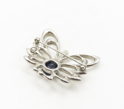 925 Sterling Silver Vintage Blue & White Topaz Shiny Butterfly Brooch Pin BP6447