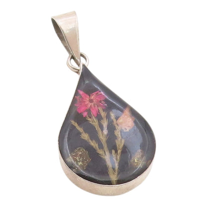 925 Sterling Silver  Vintage Flower Glass Art Rain Drop Pendant  PT15335