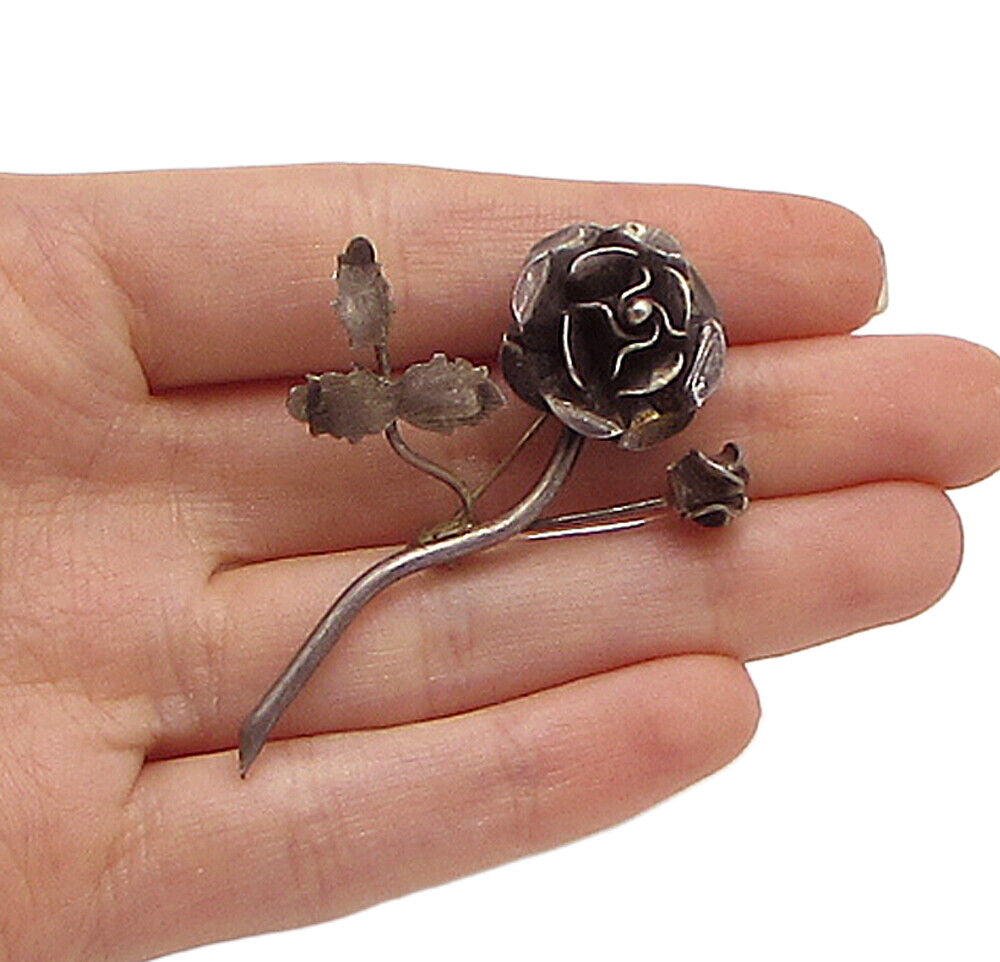 MEXICO 925 Sterling Silver  Vintage Sculpted Flower Brooch Pin  BP1020