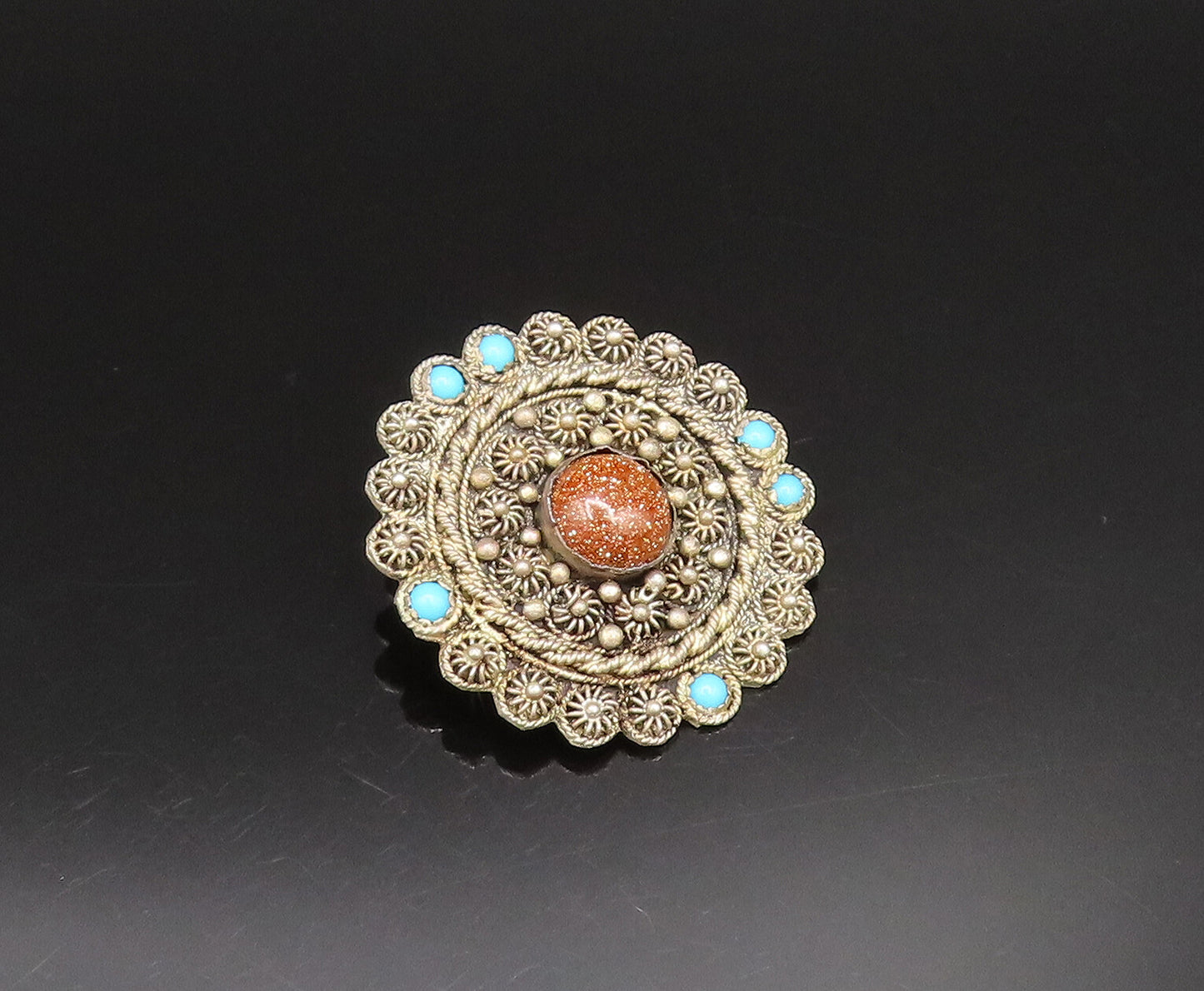 ISRAEL 925 Sterling Silver Vintage Drusy Quartz & Turquoise Brooch Pin BP9605