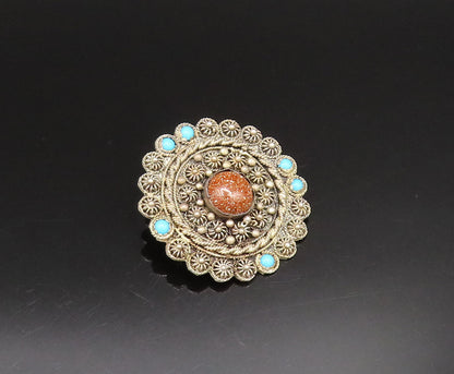 ISRAEL 925 Sterling Silver Vintage Drusy Quartz & Turquoise Brooch Pin BP9605