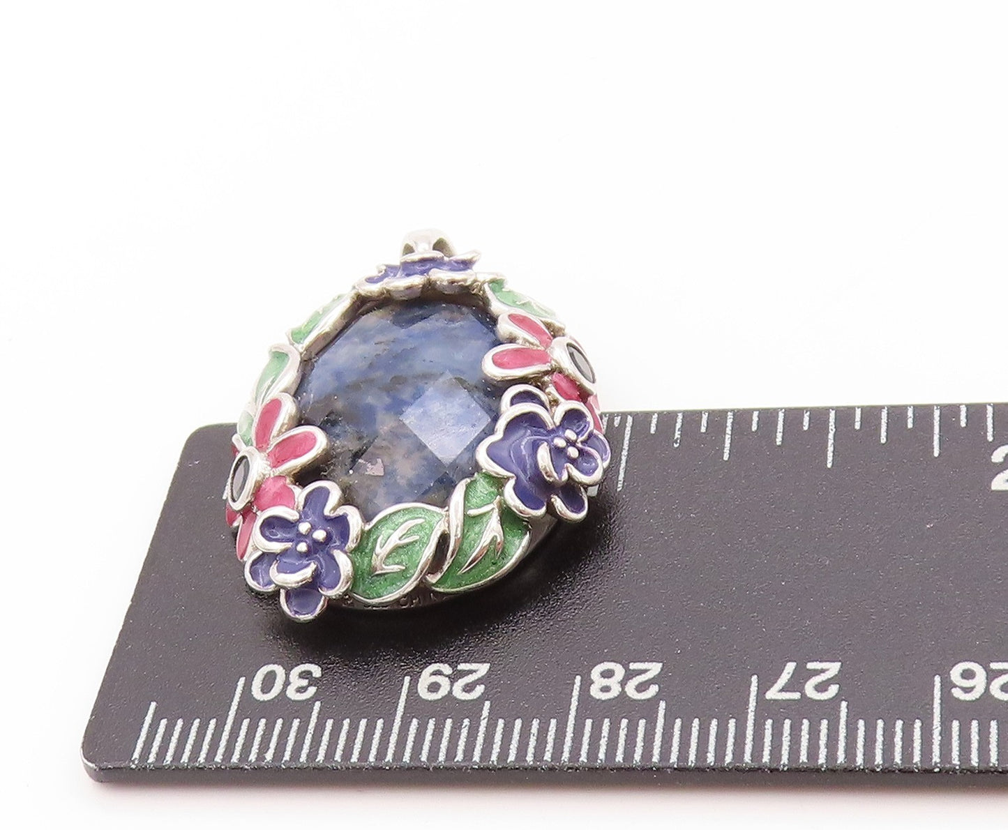 925 Sterling Silver Vintage Pendant Oval Gemstone Halo Enameled Flowers  PT24157
