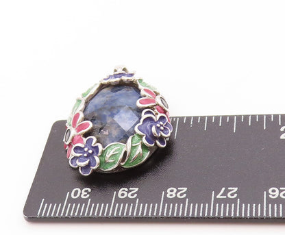 925 Sterling Silver Vintage Pendant Oval Gemstone Halo Enameled Flowers  PT24157
