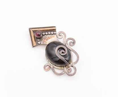 14k Gold & 925 Sterling Silver Vintage Brooch Pin Onyx & Garnet Women  BP12419
