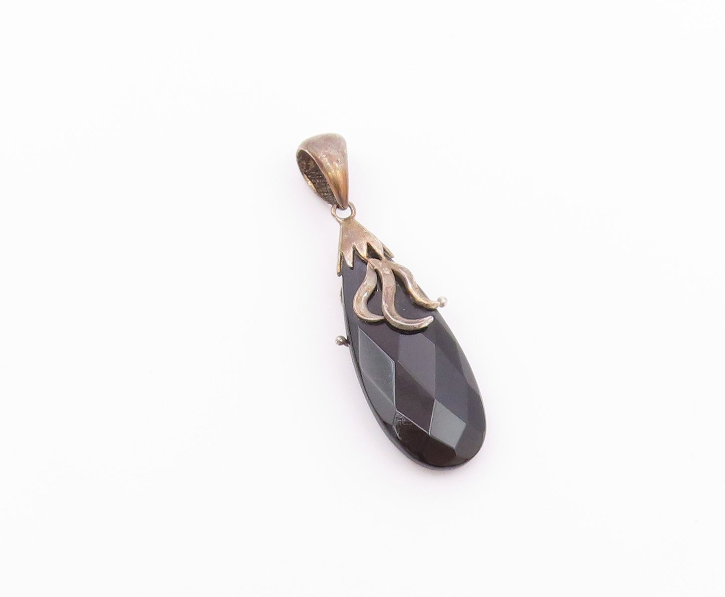 925 Sterling Silver  Vintage Faceted Black Spinel Rain Drop Pendant  PT17553