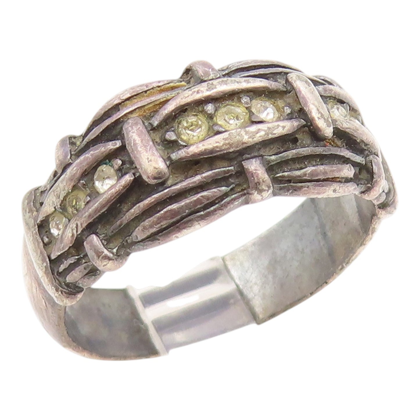 925 Sterling Silver Vintage Ring POLAND Topaz Etched Tree Bark Band Sz 9 RG35781