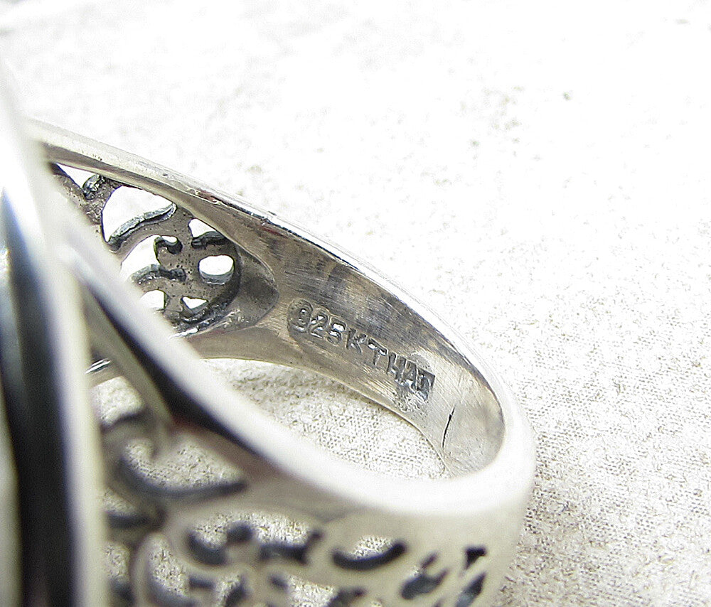 925 Sterling Silver  Marcasite Framed Woven Round Shield Ring Sz 5.5  RG1690