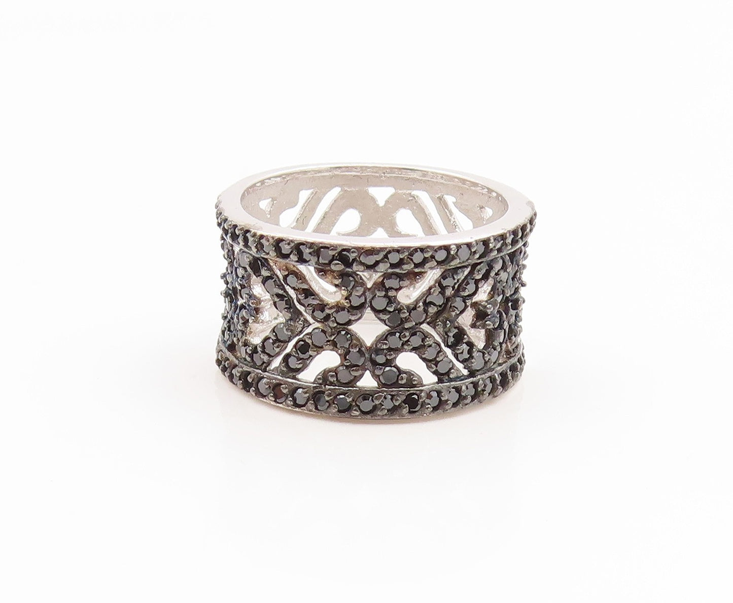 925 Sterling Silver Vintage Ring Spinel Openwork Floral Wide Band  Sz 7  RG35236