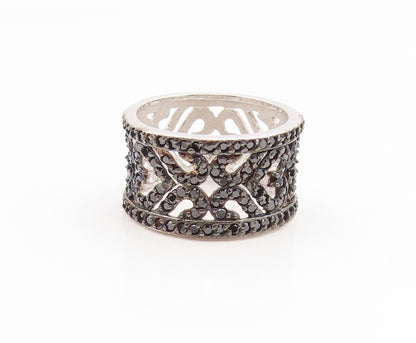 925 Sterling Silver Vintage Ring Spinel Openwork Floral Wide Band  Sz 7  RG35236