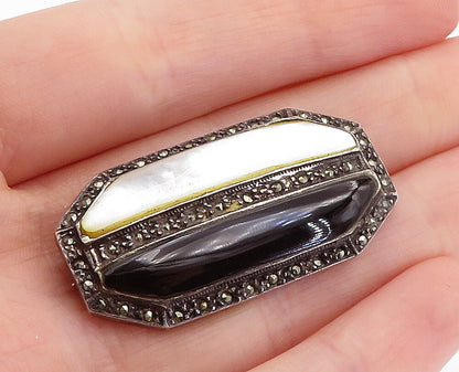 925 Sterling Silver  Vintage Mother Of Pearl & Black Onyx Brooch Pin  BP2336