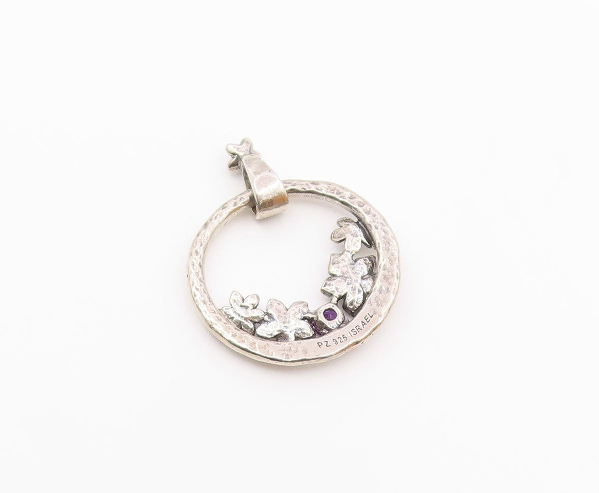 OR PAZ ISRAEL 925 Silver  Vintage Hammered Floral Amethyst Pendant  PT21477
