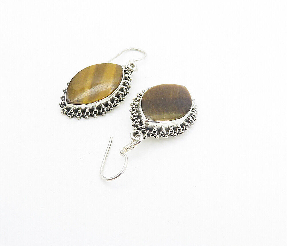 925 Sterling Silver  Vintage Tiger's Eye Pointed Oval Dangle Earrings  EG3525