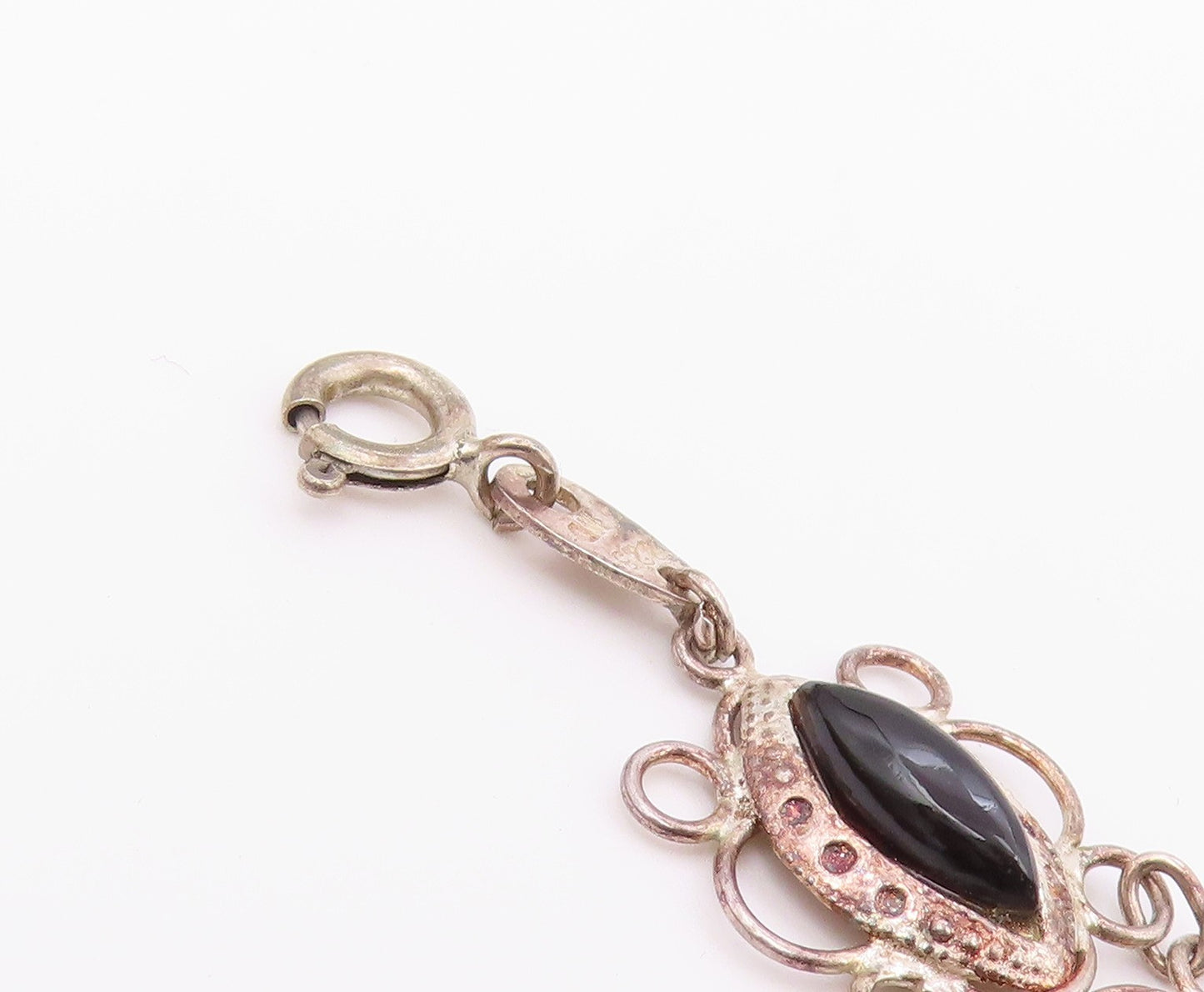 925 Silver  Vintage Open Circle Edge Marquise Black Onyx Chain Bracelet BT9559