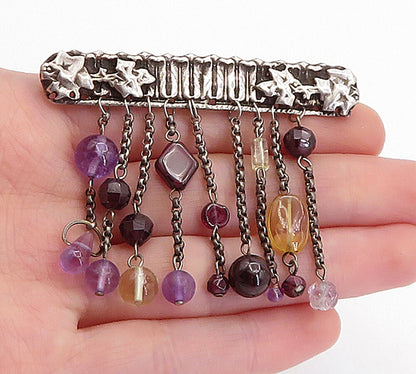925 Sterling Silver  Vintage Dangling Amethyst & Topaz  Brooch Pin  BP1767